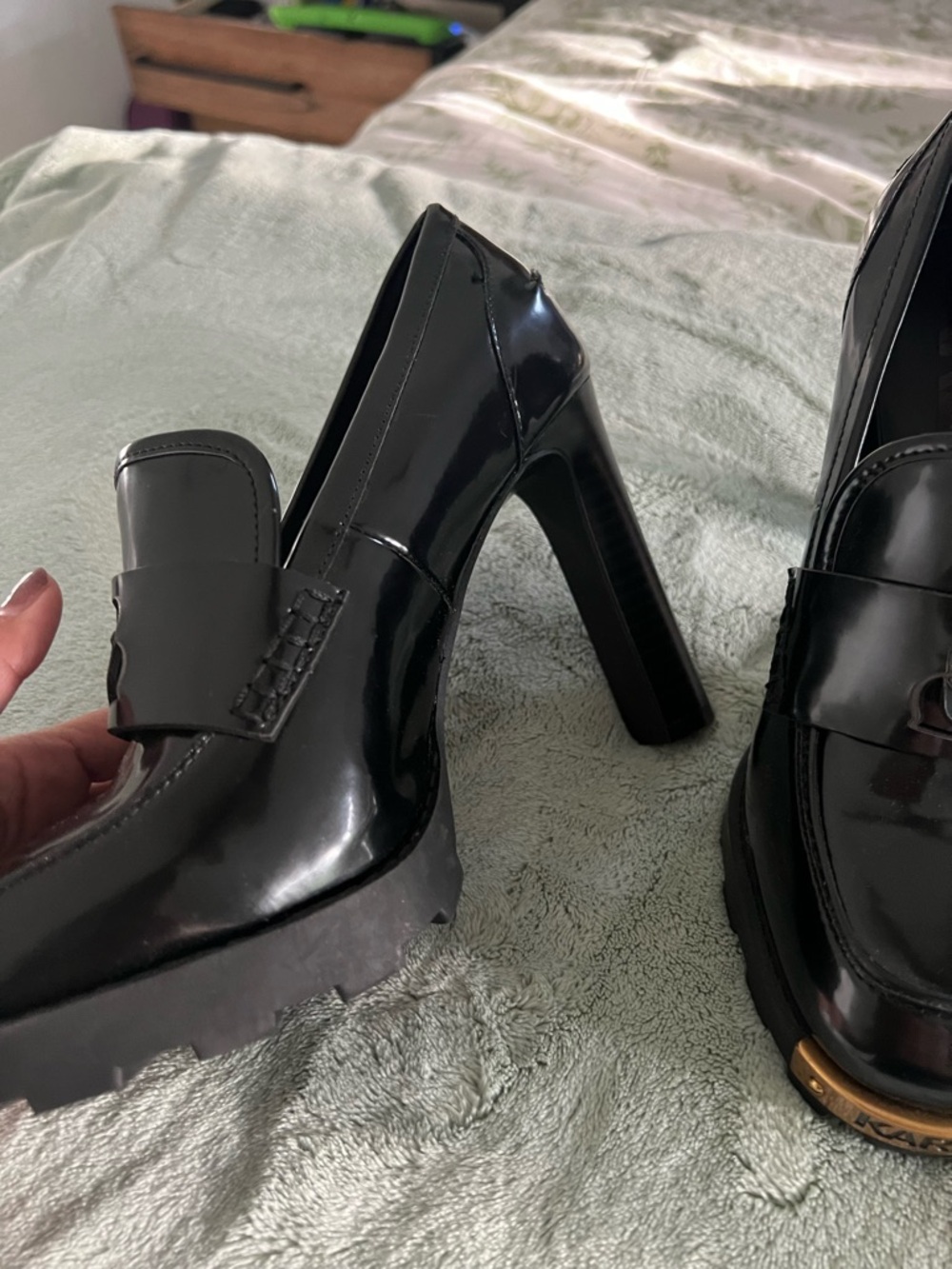 Karl Lagerfeld Black Patent Loafers with Tan Toe Accent - Picture 5 of 12